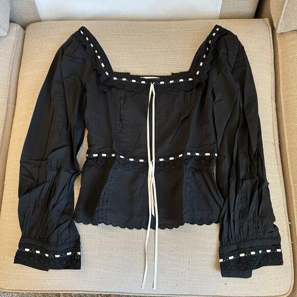 Reformation Haisley Cotton Lace Top Blouse Sz4 Black Long Sleeves - Picture 4 of 9